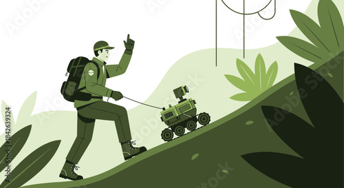 Exploring uncharted territories: A vector illustration of human-robot team on a hillside adventure