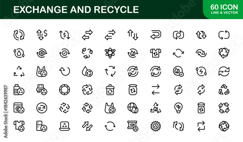 Professional line icon pack for recycling and trade – Modern unique outline symbols for sustainability, economy, and green investment concepts.