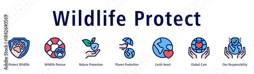 Wildlife Protect web banner icon vector illustration with icons of Protect Wildlife, Wildlife Rescue, Nature Protection, Planet Protection, Earth Heart, Global Care, and Our Responsibility.