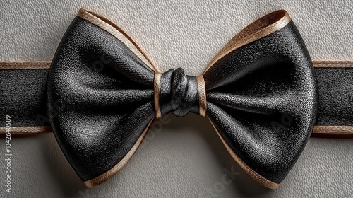 A close up of a black bow tie with gold trim on a textured white surface in a studio setting