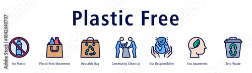 Plastic Free web banner icon vector illustration with icons of No Plastic, Plastic-Free Movement, Reusable Bag, Community Clean Up, Our Responsibility, Eco Awareness, and Zero Waste.