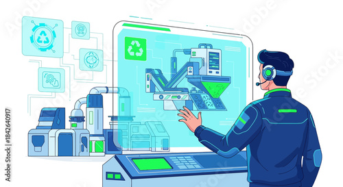 Futuristic factory control system management with advanced interface and environmental awareness