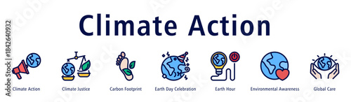 Climate Action web banner icon vector illustration with icons of Climate Action, Climate Justice, Carbon Footprint, Earth Day Celebration, Earth Hour, Environmental Awareness, and Global Care.