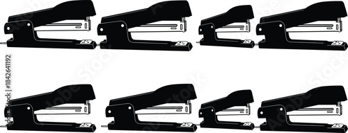 Silhouette row of staplers in repeated pattern, office supply equipment graphic design, minimal black icon set, cad drawing flat vector illustration for tools