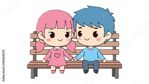 Romantic Duo: A sweet cartoon depicts a tender moment as two cartoon characters, hand in hand, sit close together on a wooden bench, their expressions and pose speak volumes.