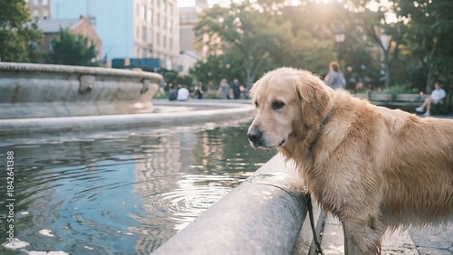 Golden Retriever Enjoys Splashing in Fountain at City Park During Sunset - Captivating Pet Photography