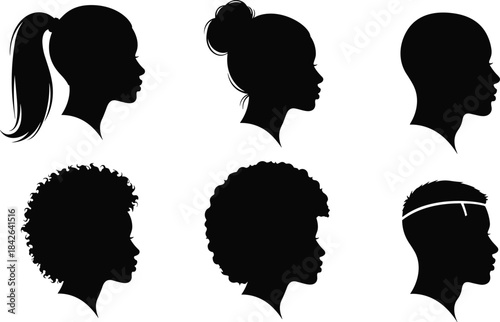 Silhouette, profile, diverse, hairstyles, women, men, afro, ponytail, bun, headband, beauty, fashion, hairstyle, diversity, collection, vector, illustration, black, isolated, portraits