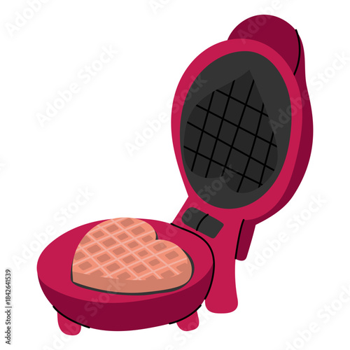 Cute heart-shaped waffle maker illustration. Perfect for Valentines Day designs, breakfast themes, cooking blogs, kitchen decor, food packaging and sweet romantic concepts.