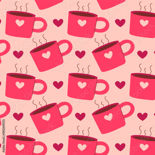 Seamless pattern with cute pink coffee cups and hearts. Perfect for Valentines Day packaging, textiles, wrapping paper, stationery, and cozy romantic designs.