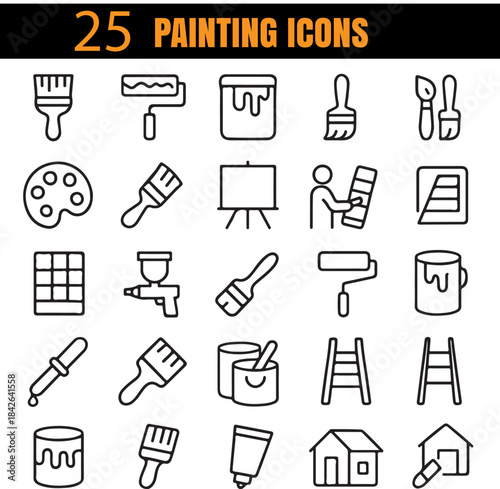 Creative Painting Icons Vector Set for Art Tools, Drawing Equipment, Brushwork Elements, Craft Supplies and Artistic Design Concepts