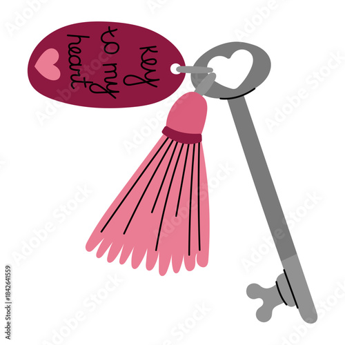 Romantic key to my heart illustration with tassel keychain. Ideal for Valentines Day cards, love messages, wedding graphics, tattoos, stickers and romantic gift designs.