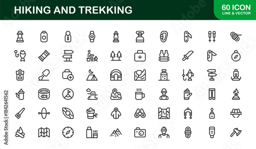 Hiking Trekking Line Icon Set – Professional Minimal Outline Icons for Adventure, Nature, and Outdoor Activities