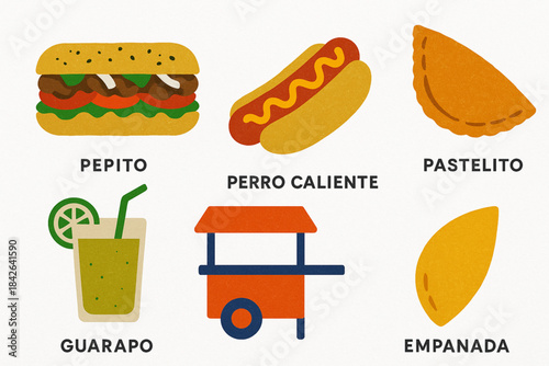 Venezuelan street food icons in flat vector grid with rugged torn texture on white background