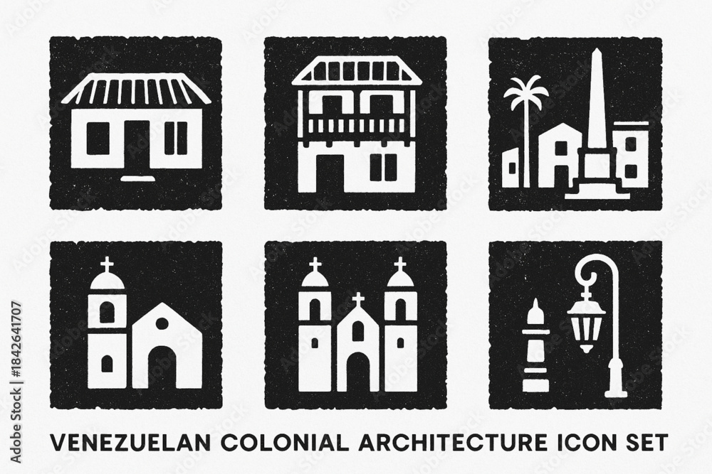 Fototapeta premium Venezuelan colonial architecture icons in flat vector grid with rugged torn texture on white background
