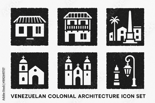 Venezuelan colonial architecture icons in flat vector grid with rugged torn texture on white background