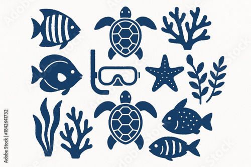 Venezuelan Caribbean marine life icons in flat vector grid with rugged torn texture on white background