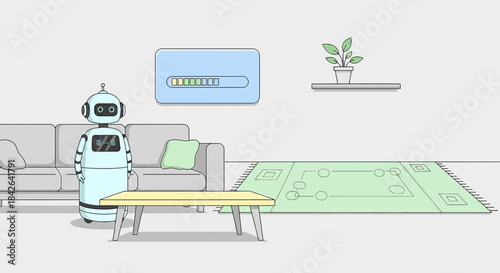 Futuristic living room featuring a robot companion and loading screen on the wall