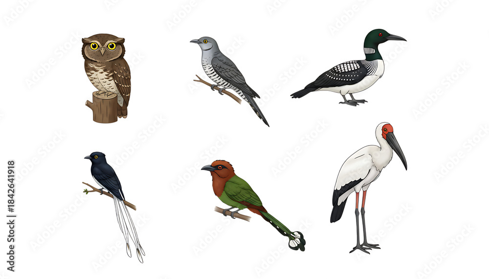 Obraz premium Collection of Six Realistic Bird Illustrations Including Owl Pigeon Woodpecker Crane and Parrot on Transparent Background