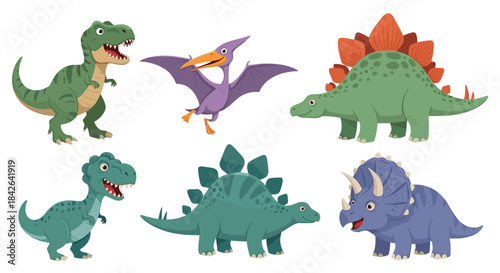 Collection of six cute and colorful cartoon dinosaurs, including a T-Rex, Pterodactyl, Stegosaurus, and Triceratops for kids.