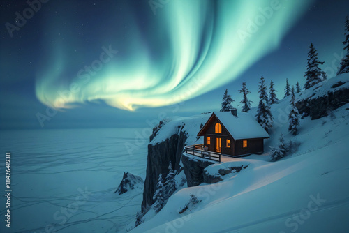 Serene Winter Night: Aurora Borealis Illuminates a Cozy Cabin in the Snowy Woods
