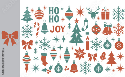 Modern Retro Christmas Silhouette and Icon Collection: Festive Red and Teal Holiday Graphic Elements