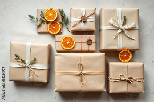 Elegant Gift Wrapping with Natural Elements and Orange Slices