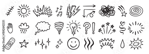 Comic funny effect icon set, anime doodle elements collection. Retro anime movement, exclamation and emphasis expressions. Doodle emotion of character in comic style