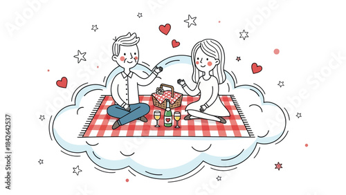 Romantic Picnic in the Sky: A charming couple enjoys a delightful picnic atop a fluffy cloud, celebrating their love under a whimsical sky filled with hearts and stars.