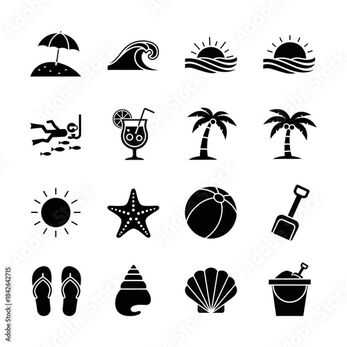 Comprehensive collection of black silhouette icons representing popular summer beach vacations, travel activities, and essential seaside leisure items for digital design projects
