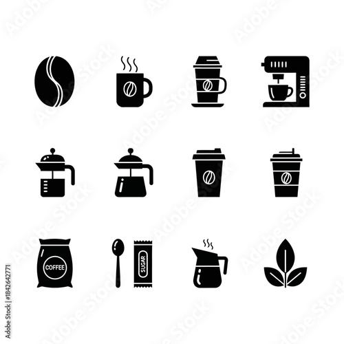 Stylized black glyph icons depicting different coffee elements, including beans, cups, brewing equipment, and take-out options, ideal for digital and print media projects