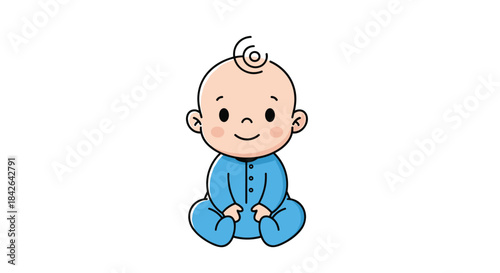 Simple and adorable cartoon baby boy with a single curl of hair, sitting happily in a blue onesie on a white background.