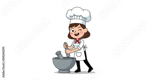 Happy female chef cartoon character winking while using a large mortar and pestle to grind spices or ingredients for cooking.