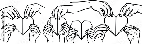 Line art hands holding paper heart garland banner, continuous outline on white