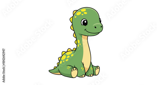 Sweet baby brachiosaurus or brontosaurus cartoon character sitting with a gentle smile, featuring a green body and yellow spots.