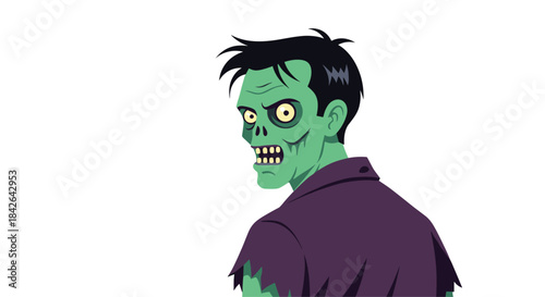Creepy green-skinned zombie character with yellow eyes and messy black hair, looking back over its shoulder with a menacing stare.
