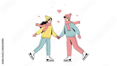 Ice Skating Couple Embracing Winter Romance: An adorable couple glides across a frozen rink, hands clasped, surrounded by delicate hearts.