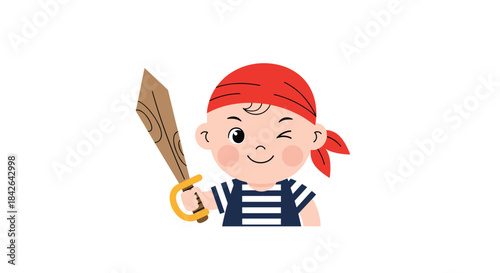Cute cartoon of a winking baby boy dressed as a pirate with a red bandana and striped shirt, holding a wooden toy sword.