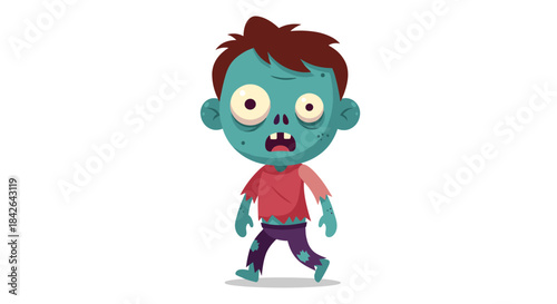 Simple cartoon of a cute, green-skinned zombie boy with big eyes, walking with a dazed expression in torn red and purple clothes.