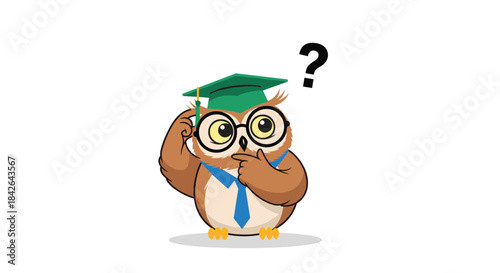 Wise cartoon owl professor wearing a graduation cap and glasses, looking thoughtful with a question mark above its head in confusion.