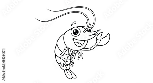 Simple black and white line drawing of a cheerful cartoon shrimp waving one of its claws, designed for a kids' coloring page.
