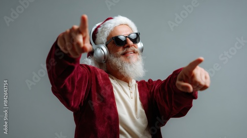 Smiling elderly man with white beard wearing Santa hat and headphones pointing at camera while wearing sunglasses and red coat, festive joyful portrait with modern music vibe