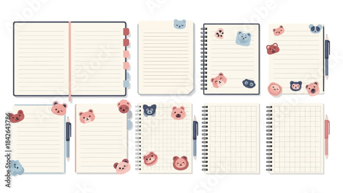 Collection of various blank notebooks, lined papers, and grid notepads decorated with cute bear-themed stickers and pens, ideal for planning.