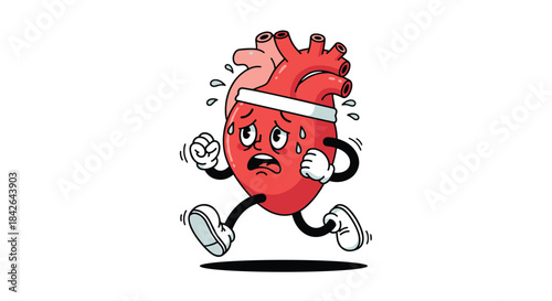 Exhausted cartoon heart character with a sweatband, running and sweating profusely, illustrating intense cardio exercise or stress.