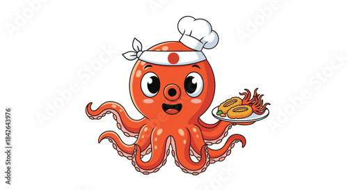 Cute cartoon octopus chef wearing a Japanese headband and chef hat, serving a plate of fried calamari with a happy expression.