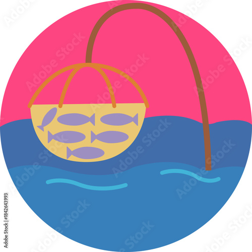 Vietnamese-style fishing with a pole or net on water.