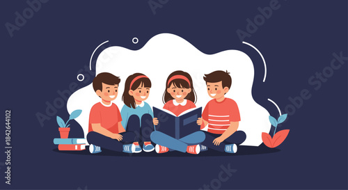 Group of four happy children sitting on the floor together, intently reading a story from a large open book in a cozy setting.