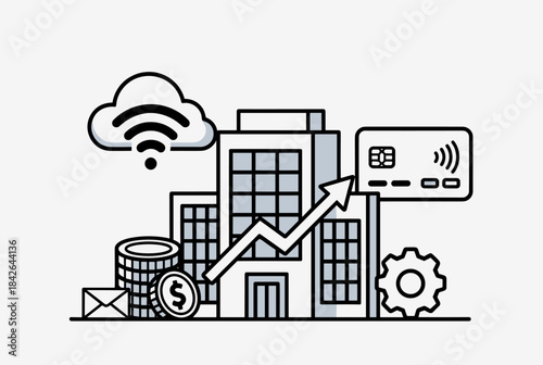 Illustration of a business building with financial growth, cloud technology, payment methods, and administrative symbols.