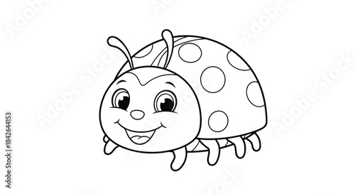 Simple black and white line art of a cute, smiling ladybug character, designed as an easy coloring page for young children.