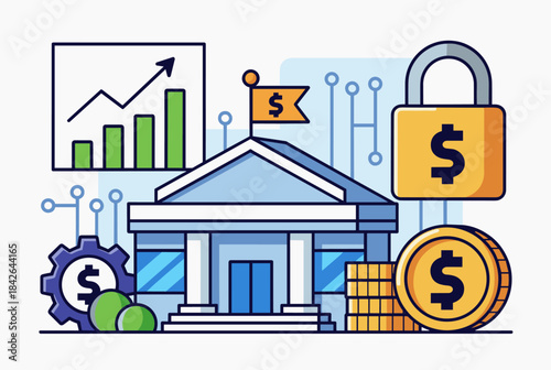 A detailed illustration of a bank building surrounded by financial symbols like growth charts, security locks, and dollar coins, representing banking, finance, and investment.