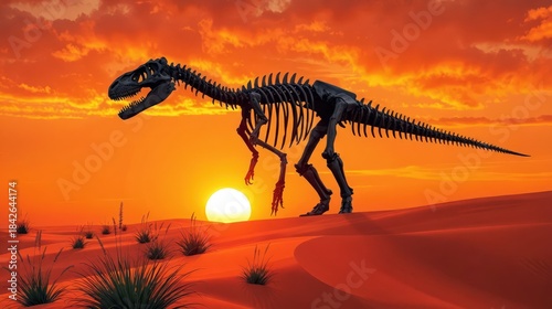 A Tyrannosaurus rex skeleton stands on sand dunes under an orange sunset with a cloudy sky. Use: wildlife documentary, museum poster.